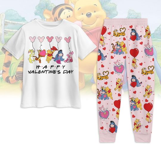 Winnie The Pooh Pajamas Set, Pooh Bear And Friends Holiday Pajamas, Disney Pooh Pajamas Family, Happy Valentine's Day Shirt