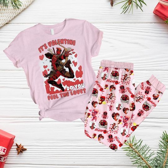 Deadpool Valentine Pajamas Set, Deadpool Cupid Holiday Pajamas, Funny Deadpool Tee, Superhero Lover Pajamas, Gift For Fan