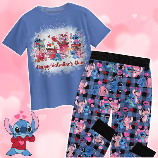 Stitch And Angel Valentines Pajamas, Stitch Cartoon Pajamas, Disney Love Pajamas Shirt, Happy Valentine's Day Shirt, Gift For Him