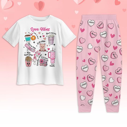 Love Vibes Pajamas, Heart Candy T-Shirt Pants Set, Coffee Latte Sleepwear, Valentine Gift For Him Her, Couple Pajamas Set, Lover Gift S