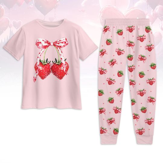 Strawberry Coquette Valentine Pajamas, Bows And Strawberries T-Shirt, Trendy Pink Bow Pj Set, Couple Pajamas set For Him Her