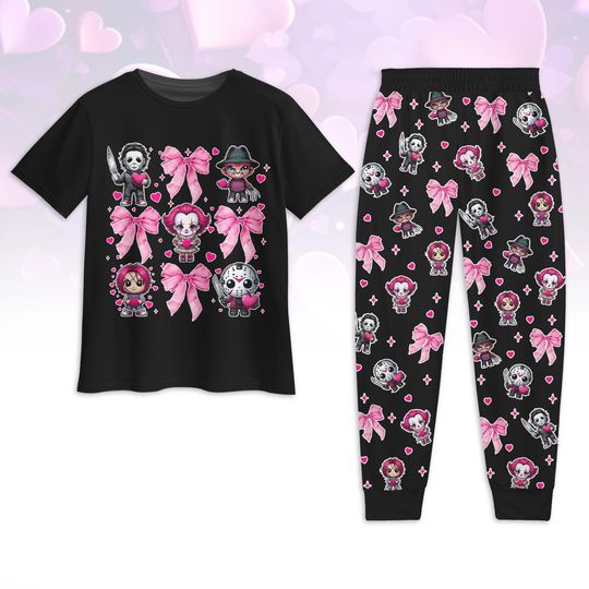 Horror Characters Valentine Pajamas Set, Scary Movie Valentine T-Shirt Pants Set, Pink Horror Couple Sleepwear, Killers Valentine Loung