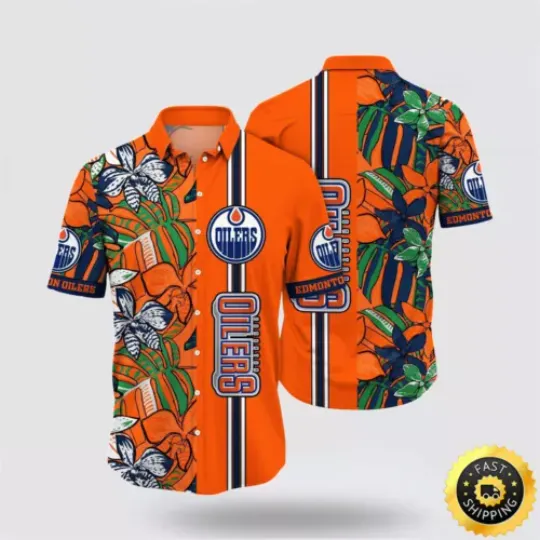 Edmonton Oilers Hawaiian Shirt, Tropical Forest Floral Pattern Summer Aloha Shirt