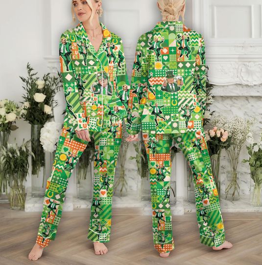 Trump Funny St Patricks Day Pajamas Set Family, St Pattys Day Dancing Trump, Trump Shamrock Pajamas Set, St Paddys Day Trump Gift