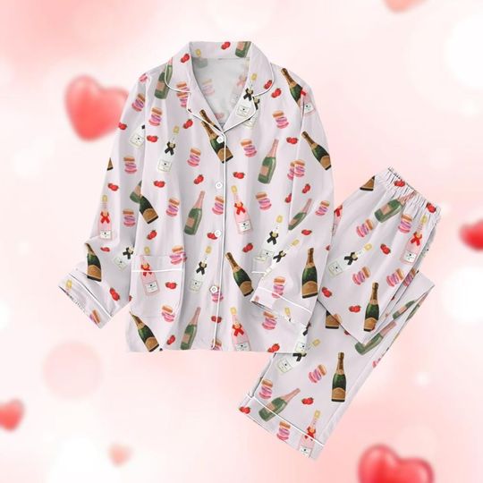 Valentine Champagne Wine Pajamas Set, Wine Drinker Pajamas For Party, Matching Family Pajamas, Soju Lover Shirt, Cute Gifts For Her