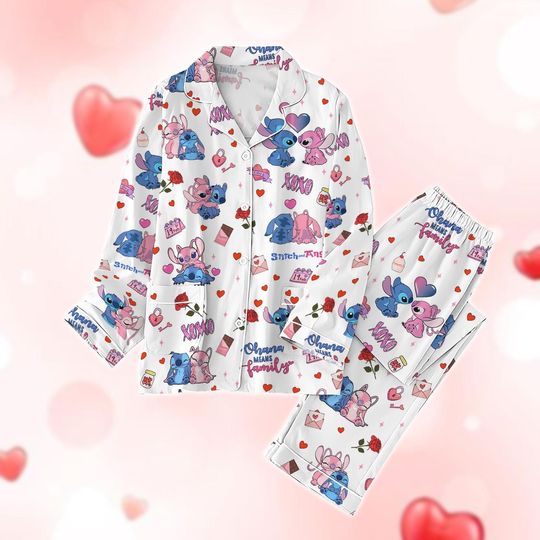 Valentine Stitch And Angel Pajamas Set, Disney Couple Holiday Pajamas, XOXO Hearts Pajamas, Matching Pajamas Set, Carton Couple Gifts