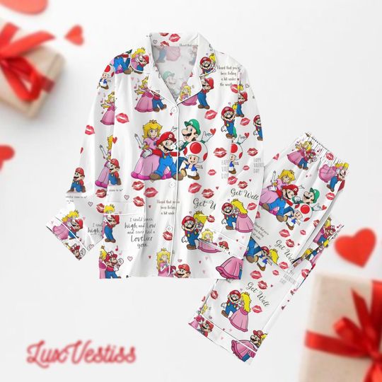 Super Mario Valentine Pajamas Set, Princess Peach, Luigi Holiday Pajamas, Her Hero And His Princess Matching Pajamas, Mario Fan Gift
