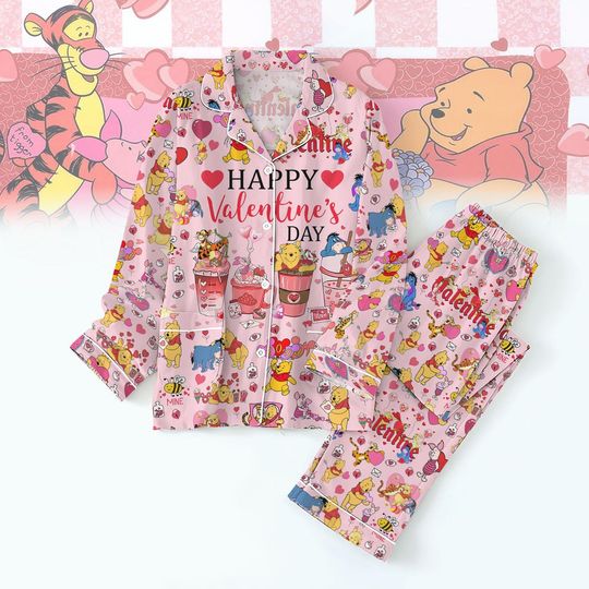 Winnie The Pooh Valentines Thick Pajamas, Disney Couple Pajamas Set, Disneyland Honeymoon Gift For Him And Her, Magic Kingdom Gift