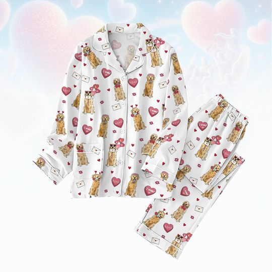 Golden Dog Valentine Pajamas Set, Golden Retriever T-Shirt Pants Set, Dog Owner Couple Pajamas Pants, Gift For Dog Lover, Valentine Gif