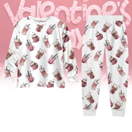 Coffee Long Sleeve Pajamas Set, Iced Latte Valentine Family Pajamas, Caffeine Coffee Run Mom Life, Gifts for Coffee Lovers