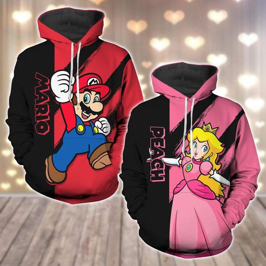 Mario and Princess Peach Couple Hoodies, Super Her Hero And His Princess Matching Hoodies, Super Mario 3D Shirt, Anniversary Gifts