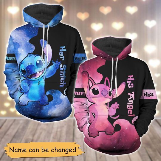 Custom Stitch And Angel Couple Hoodies, Her Stitch And His Angel Hoodies, Matching Couple Outfits, Lilo Stitch Movie Shirt, Lover Gifts