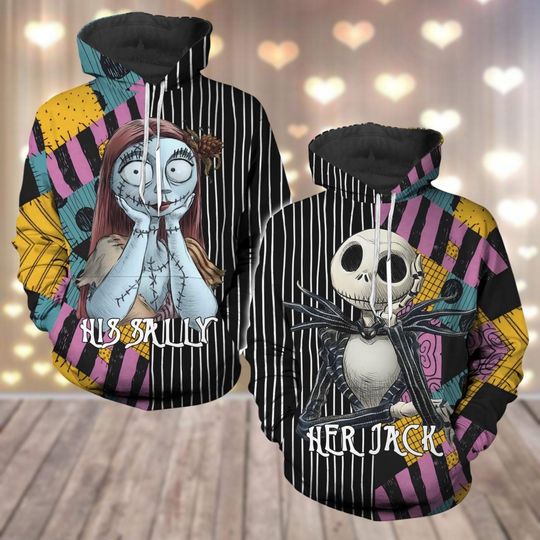 Custom Jack And Sally Couple Hoodies, His And Her 3D Hoodies, Disney Jack Skellington Hoodie, Matching Couple Outfits, Gift For Him Her