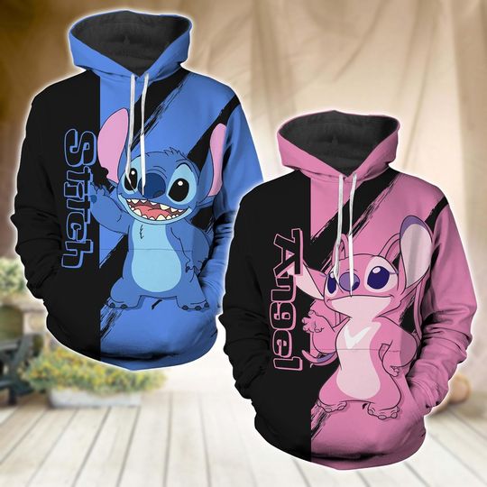 Stitch And Angel Couple Hoodie, Personalized Stitch Valentine Shirt, Disney Cartoon Couple Unisex Shirt