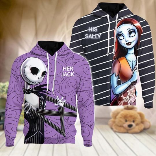 Her Jack And His Sally Couples Hoodies, Jack And Sally Valentine Outfits, Disney Charater Couple Shirt, Husband Wife Honeymoon Gift