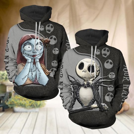 Jack And Sally Valentine Hoodies, Her King His Queen Hoodies, Personalized Name Couples Shirt, Anniversary Gift, Disney Honeymoon Hoodie