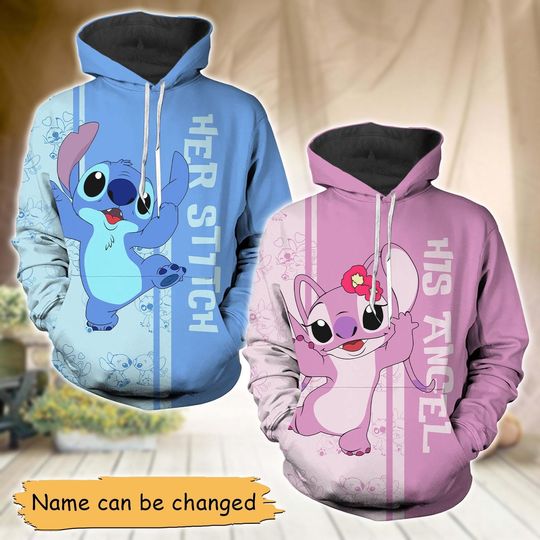 Her Stitch His Angel Hoodie, Stitch And Angel Couples Hoodies, Custom Name Stitch Couples Shirts, Stitch Hoodie Women, Disney Hoodie