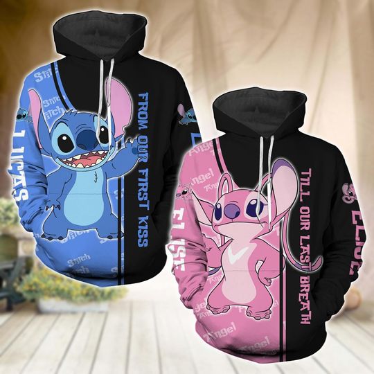 Stitch And Angel Couple Hoodie, Personalized Stitch Valentine Shirt, From Our First Kiss Till Our Last Breath Shirt