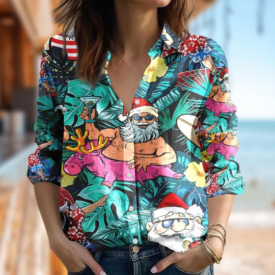 Tropical Santa Aloha Christmas Shirt, Santa Claus Button Up Shirt, Santa Claus Xmas Women Blouses Shirt, Xmas Holiday Party Gift
