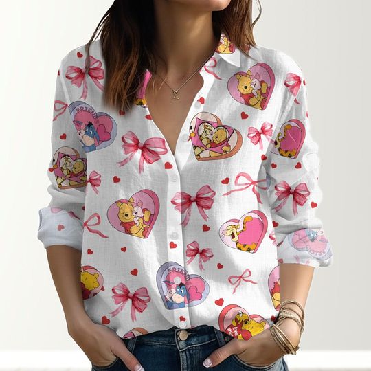 Winnie The Pooh Valentine Shirt, Pooh Bear Eeyore Piglet Women's Blouse