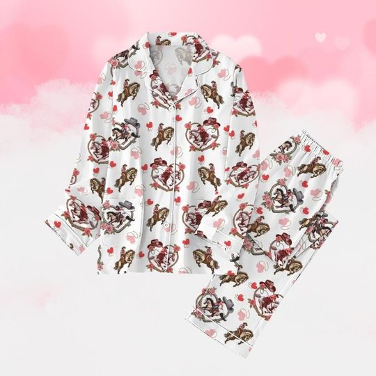 Cowboy Valentine Pajamas Set, Western Cowgirl Holiday Pajamas, Howdy Couple Matching Shirt, Cute Heart Pajamas