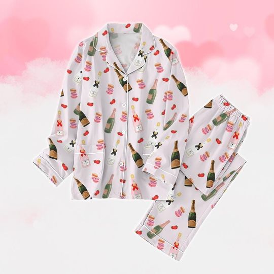 Champagne Wine Pajamas Set, Strawberry Holiday Pajamas, Macaron Cake Pajamas Women, Matching Family Pajamas