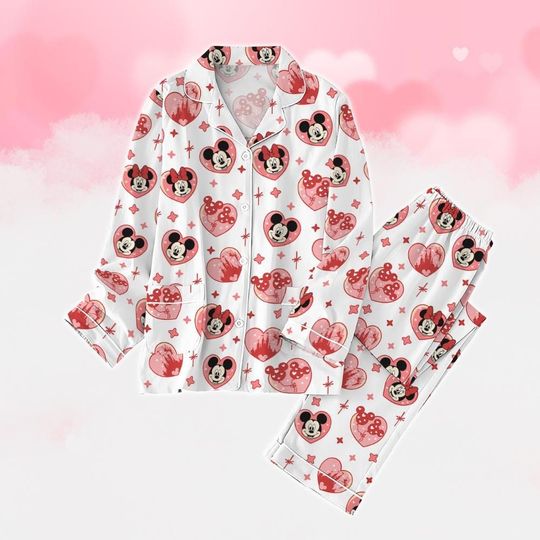 Discover Disney Couple Pajamas Set, Mickey And Minnie Valentine Shirt, Mickey Mouse Pajamas, Disneyland Gift Pajamas