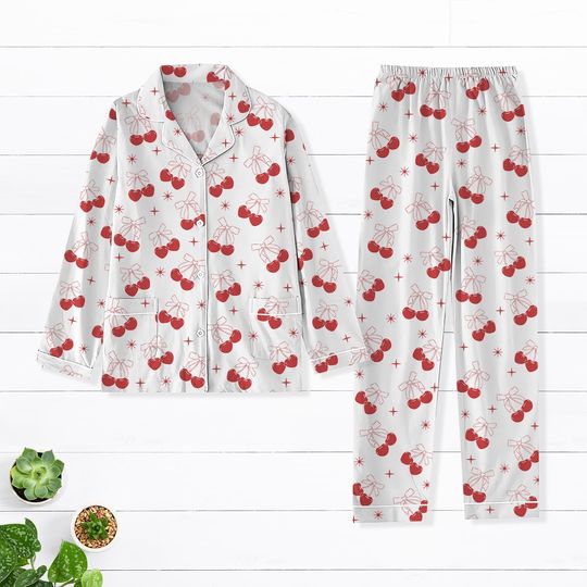 Valentine Coquette Pajamas Set, Love You Cherry Pajamas, Happy Valentine Day Pajamas, Valentine Cherry Pajamas, Coquette Bow Shirt