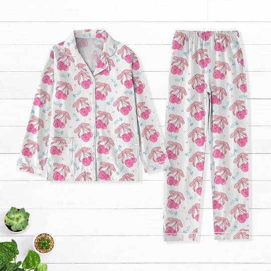 Valentine's Day Coquette Bow Pajamas, Cherry Coquette Pajamas, Heart Bow Pajamas Set, Pink Coquette Bow Pajamas, Valentine Gift