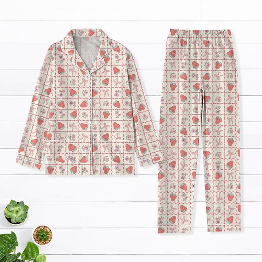 Strawberry And Coquette Bow Pajamas Set, Flower Valentine Pajamas, Vintage Bow Women Pajamas, Valentine's Day Pajamas