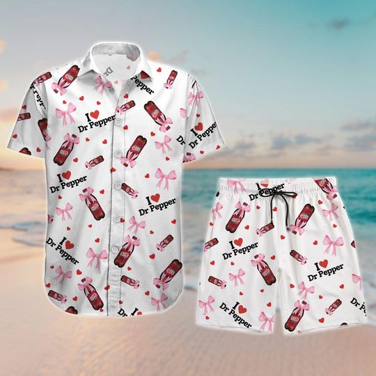 Dr Pepper Button Shirt And Shorts, Soda Hawaiian Shirt, I Love Dr Pepper Shirt, Valentine's Day Outfit, Summer Beach Shirt, Couple Gift
