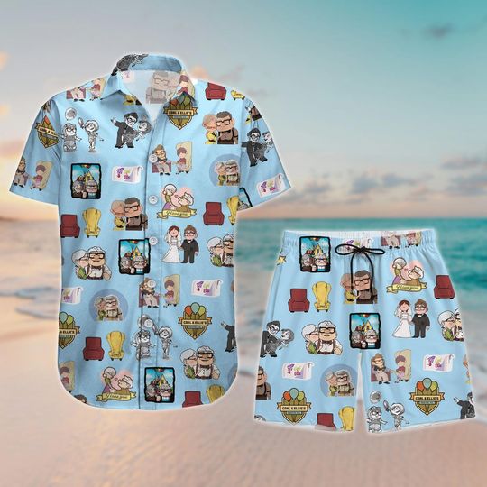 Up Movie Button Shirt And Shorts, Carl And Ellie Hawaiian Shirt, Disney Cartoon Couple Outfit, Romantic Adventure Valentine's Day Gift