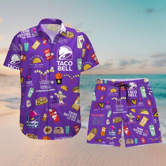 Taco Bell Button Shirt And Shorts, Holiday Shirt, Taco Bell Hawaiian Shirt, Fast Food Summer Shirt, Beach Shirt, Aloha Vacation Shirt