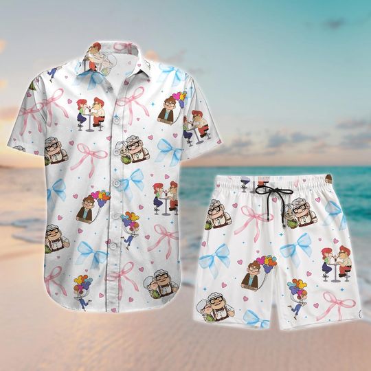 Carl And Ellie Button Shirt And Shorts, Disney Up Movie Hawaiian Shirt, Comedy Cartoon Hawaii Shirt, Family Movie Shirt, Summer Shirt