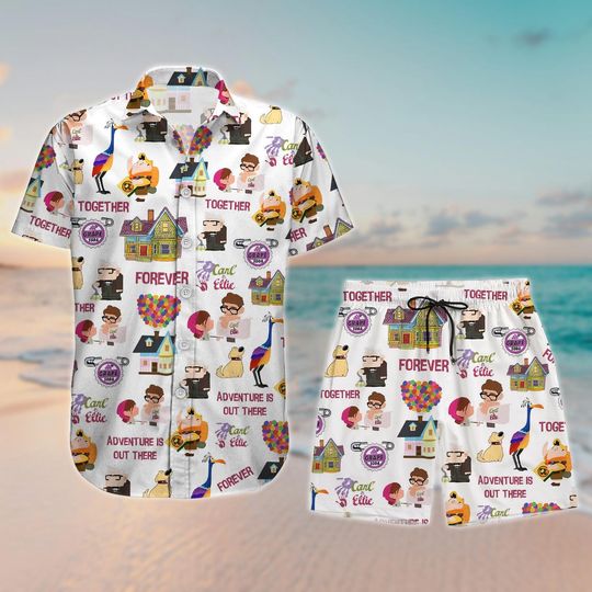 Adventure Is Out There Carl Ellie Couple Button Shirt And Shorts, Disney Pixar Up Hawaiian Shirt, WDW Disneyland Honeymoon Hawaii Shirt