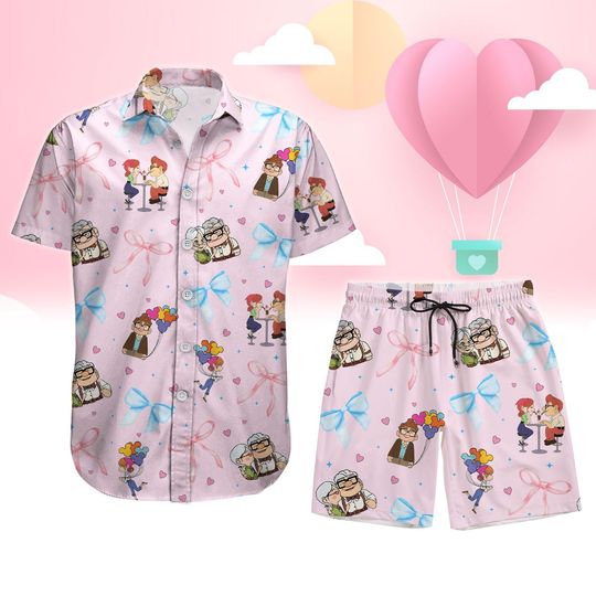 Disney Couple Button Shirt Shorts Set, Carl And Ellie Valentine Couple Shirt, Her Carl His Ellie Summer Shirt, Disney Movie Beach Short