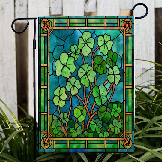 Stained Glass Four Leaf Clovers Flag, Lucky Shamrock Garden Flag