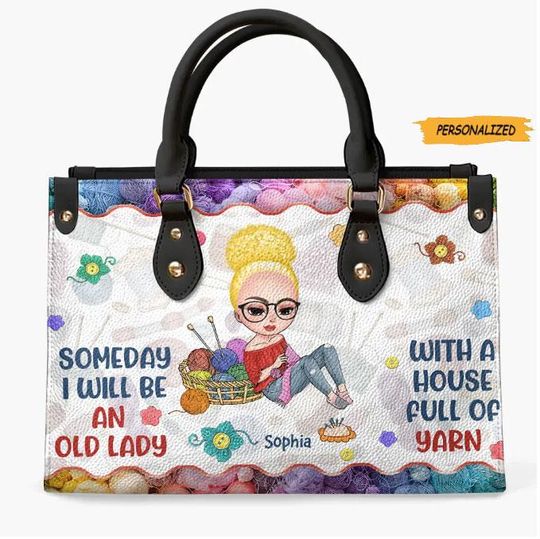 Knitting Girl With Yarn, Personalized Leather Bag, Gift For Knitting Lady, Knitting Lover, Custom Name Knitting Girl, Birthday Gift