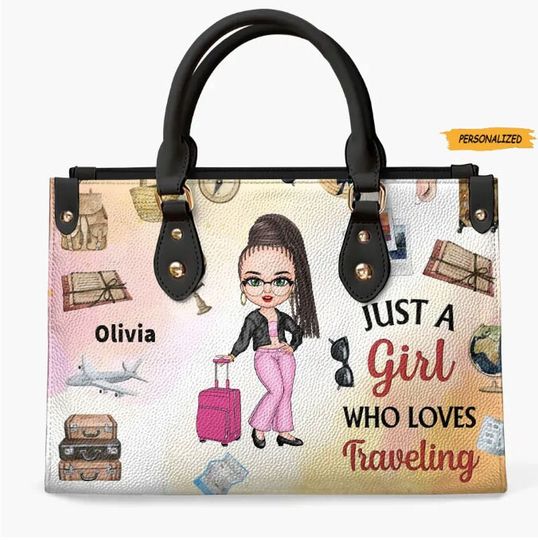 Girl Loves Traveling, Personalized Leather Bag, Gift For Traveling Lover, Gift For Her, Birthday Gift, Leather Bag For Girl