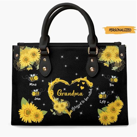 Love Grandma Bee Personalized Leather Bag, Gift For Grandma, Mother, Custom Grandkids Leather Bag, Best Grandma Ever, Birthday Gift