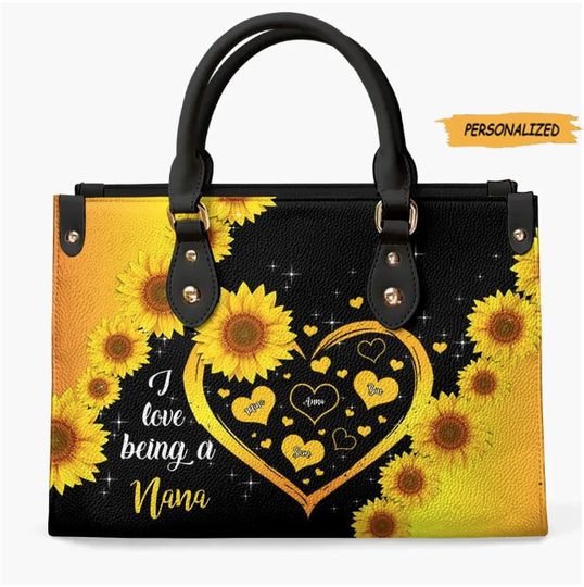 Blessed Sunflower Nana Personalized Leather Bag, Gift For Grandma, Mother, Custom Grandkids Leather Bag, Best Grandma Ever, Birthday Gift