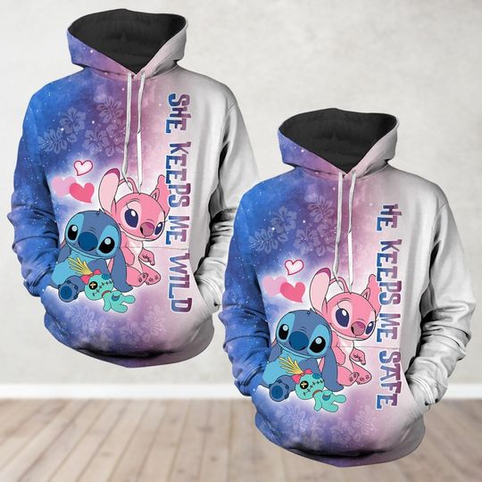 Custom Stitch And Angel Couple Hoodie, Disney Valentine Day Shirt, She Keeps Me Wild He Keeps Me Safe Matching Hoodie, Couple Gifts