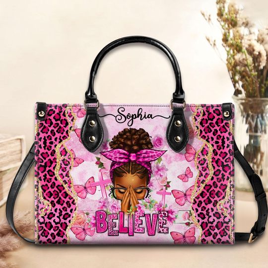 Personalized Believe Afro Messy Bun Leather Handbag, Mothers Day Gift