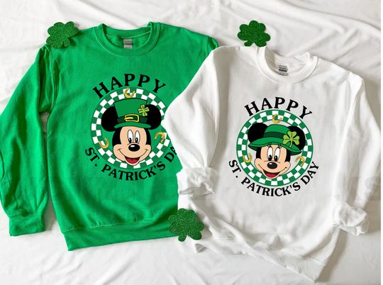 Disney Mickey Mouse and Minnie Mouse Portrait Happy St. Patrick's Day Shirt, Disney Matching Family St Patricks Shirt, Disney Shamrock Shirt