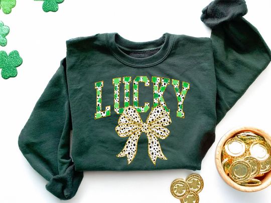Lucky Sweatshirt, Cute St. Patrick's Day Sweatshirt for Women, Coquette Bow St Patricks Sweater