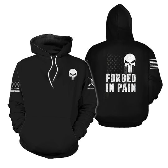 Forged in Pain Patriotic Punisher Skull Hoodie | Punisher Skull | American Flag| Unisex Hoodie | Patriotic Hoodie