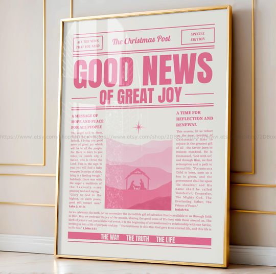 Modern Scripture Wall Art Pink Christmas Bible Verse Newspaper Print Christian Aesthetic Pink Art Nativity Poster Good News of Great Joy