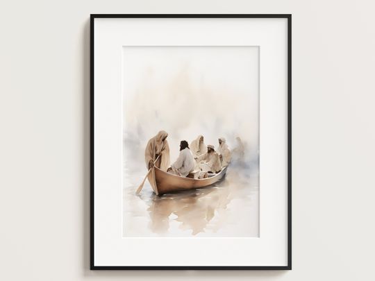 Jesus in Fishing Boat with Disciples, Jesus Portrait, Jesus painting, Jesus print, Jesus art, Jesus wall art, white Jesus, Jesus watercolor