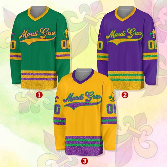 Personalized Glitter Mardi Gras Hockey Jersey, Custom Name Mardi Gras Jersey, Hockey Jersey Uniform For Hockey Fans, Mardi Gras Outfit