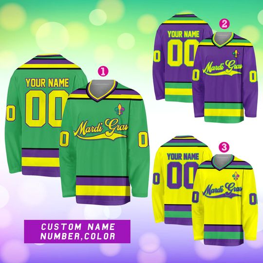 Personalized Mardi Gras Hockey Jersey, Custom Name Mardi Gras Hockey Jersey, Hockey Jersey Uniform For Hockey Fans, Mardi Gras Outfit